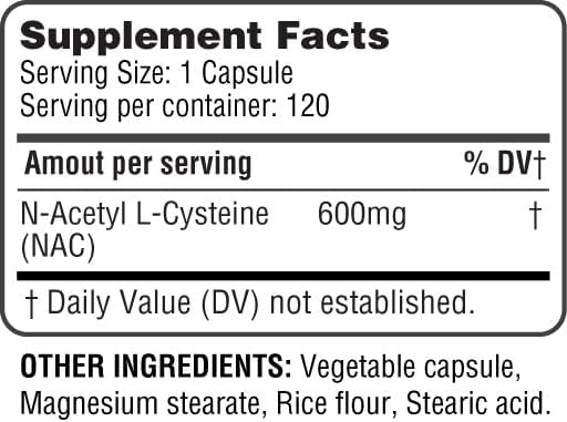 HEALTH LFE HealthLife N-Acetyl L-Cysteine (NAC) 600mg, 120 Capsules - Non-GMO, Gluten Free, 120 Servings