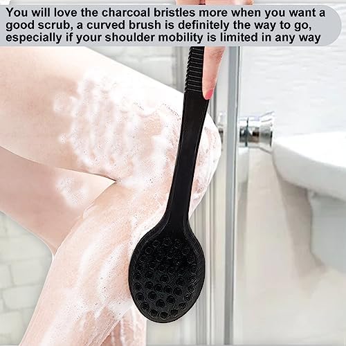 Back Bath Brush - Curved Long Handle Shower Brush with Medium Stiff Charcoal Bristles for Cleaning and Exfoliating Body, Back Scrubber for Men & Women (Black 2 Pack)
