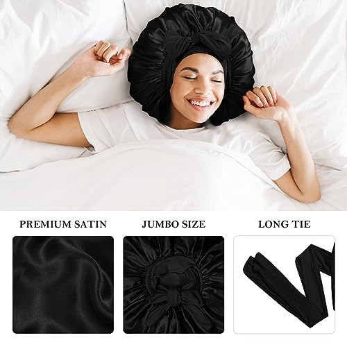 3Pcs Silk Bonnet for Sleeping, Satin Hair Bonnets for Black Curly Hair Women Jumbo Bonnet with Tie Band Braids (Black Leopard Rose-pink)