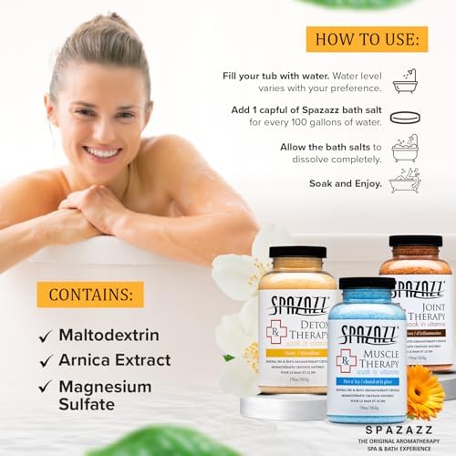 Spazazz Hot Tub Aromatherapy RX Muscle Detox Joint Bath Salt Crystals Bundle. Three Jars of 19oz Spazazz Hot Tub Crystals with Hot/Cold Towel and 5-Point Full Body Massager
