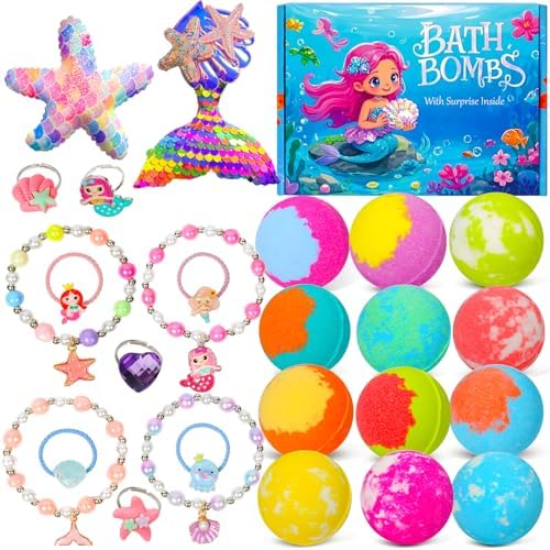 Girls Bath Bombs with Toys Inside for Kids, 12 Pcs Natural Mermaid Princess Bubble Bath Bomb with Jewelry Surprise Inside, Christmas Easter Basket Stuffer Valentines Day Birthday Gift Set