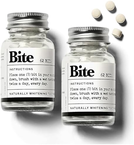 Bite Whitening Toothpaste Tablets – Nano Hydroxyapatite & Xylitol (Mint) | Sensitive Teeth Friendly | No Fluoride, Vegan, Cruelty-Free | Travel-Size | 2 Bottles (124 Bits) | Made in USA
