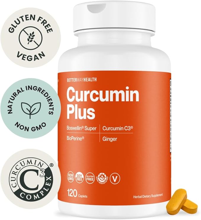 Better Way Health™ - Curcumin Plus - Turmeric Curcumin C3® Complex + Boswellin® Super, BioPerine®, and Ginger - Promotes Joint & Immune Health - 120 Caplets