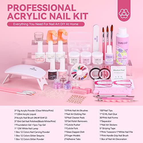 SAVILAND Acrylic Nail Kit with Everything: Nails Kit Acrylic Set For Beginners with Gel Polish U V Lamp Nail Decoration Starter Professional Nail Supplies DIY Home Salon