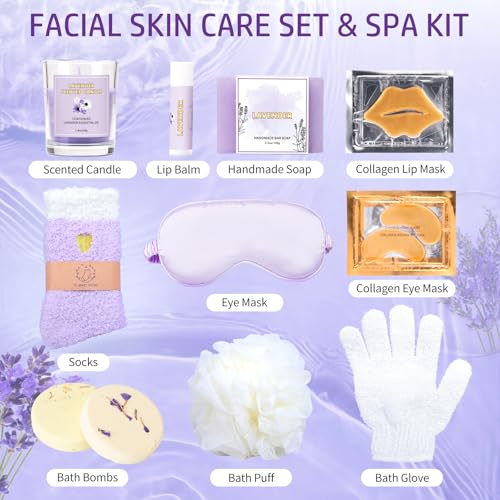 Facial Skin Care Set & Spa Kit, Lavender Spa Gifts for Women, Body & Facial Relaxation Kit, Mothers Day Gift Ideas, Self Care Gifts Birthday Christmas Gifts Includes Face Cream Oil Shower Accessories