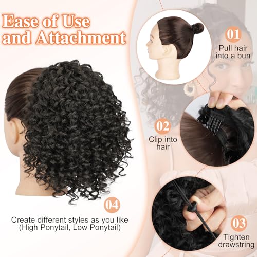 Lommel Ponytail Extension for Black Women,10 Inch Drawstring Ponytail for Black Women Curly Pony Tails Hair Extensions for Womens Afro Kinky Curly Hair Pieces for Daily Use(Brown Black)