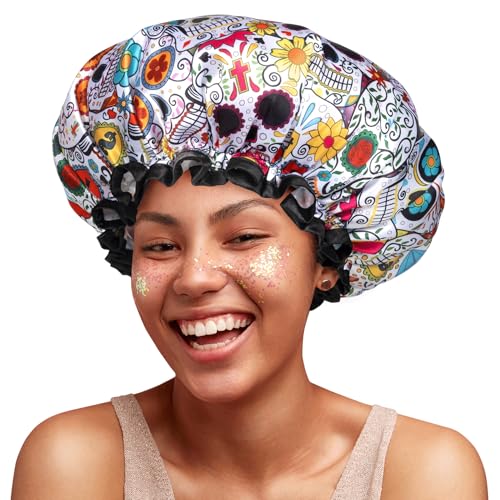 mikimini Shower Cap for Women Reusable Waterproof, Hair Cap for Shower with Double Layers, Stylish Vibrant Designed Shower Bonnet for Medium Thick Hair, Medium, 2 Pieces