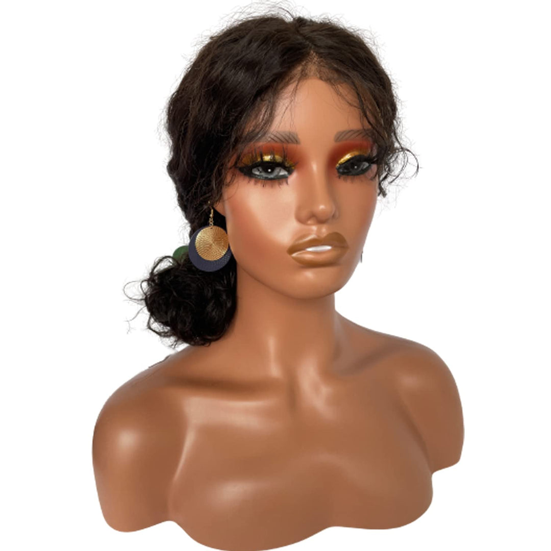 Voloria Realistic Female Mannequin Head with Shoulder Manikin PVC Head Bust Wig Head Stand with Makeup for Wigs Necklace Earrings Light Brown with Yellow Eye Shadow