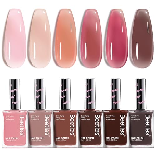 Beetles Jelly Nail Polish Set, 6 Colors Sheer Pink Nail Polish Long Lasting & Quick Dry Clear Jelly for Women, Pink Nail Strengthener Polish for Salon DIY Manicure Set