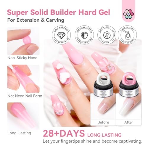 SAVILAND Non Sticky Solid Builder Nail Gel Kit: 4 Color Long-lasting Clear Nude White Pink Solid Hard Gel with Chrome Nail Powder for Nail Extension 3D Sculpting Nail Art Starter Kit DIY Home Salon