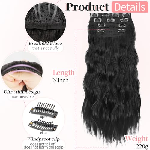 KooKaStyle Clip in Synthetic Hair Extensions Long Wavy 4PCS Thick Hairpieces Black Fiber Double Weft Natural Hair Extensions 24 Inch for Women