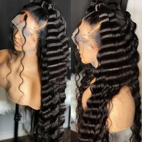 13X6 HD Lace Front Wig,30Inch Glueless Loose Deep Wave Wig Natural Black.Synthetic Lace Front Wigs Human Hair Touch,Vogue Highlight Technology-Premium Fiber & Human Hair Blended.