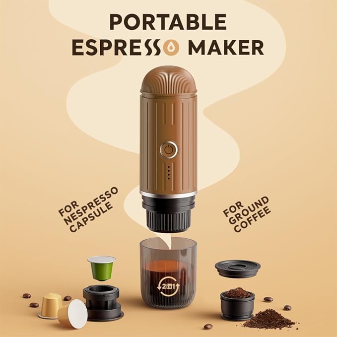 BENFUCHEN Portable Espresso Machine For Travel, Self-Heating Electric Espresso Maker, 19 Bar Portable Electric Espresso Machine For Camping On the Go For Ground Coffee and NESPRESSOpods, Brown