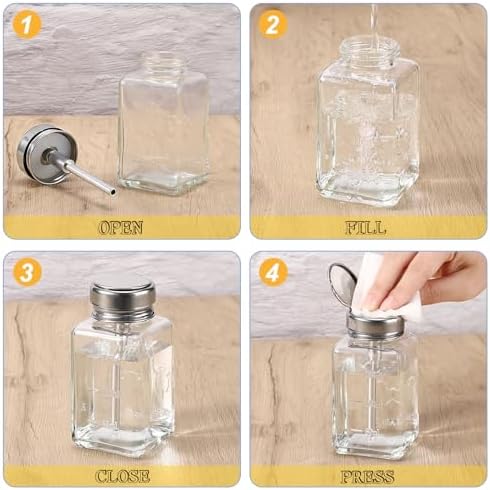 Noverlife 2PCS 6Oz / 180ml Clear Pump Dispenser Bottle, Square Glass Push Down Liquid Dispensers, Nail Polish Remover Hand Pumping Press Container with Flip Top Cap Refillable Push Down Pump Dispenser