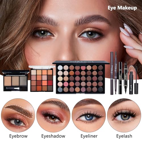 All in One Makeup Kit for Women Full Kit, Make Up Gift Set for Women, Makeup Essential Bundle Includes Foundation Face Primer Eyeshadow Contour Palette Lipstick Eyeliner Mascara Cosmetic Brush Set