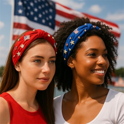 2Pcs 4th of July Headband for Women, Rhinestone Knotted Design with USA Flag Star Hair Hoop, Patriotic Independence Day Memorial Day Wide Hair Accessory with Jeweled Crystal (Red&Blue)