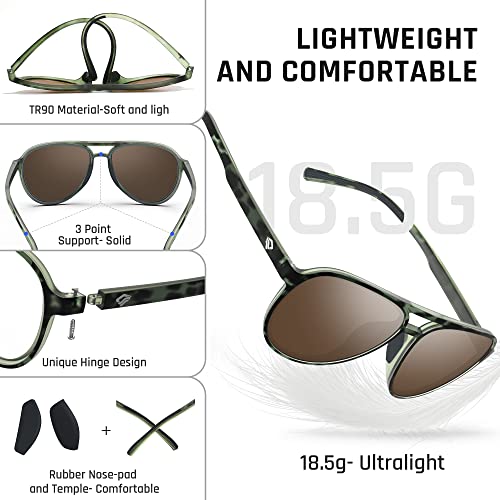 TOREGE Aviator Sunglasses Polarized Sunglasses for Men Women Sports Glasses Fishing Boating Beach Golf Driving TR75(Camouflage Green&Black&Coppery Lens C5)