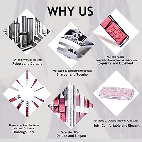 Manicure Set 10 in 1 Stainless Steel, Nail Clippers Scissors Pedicure Tools Kit - Portable Travel Grooming Kit for Men and Women with Leather Case (Rose Red)