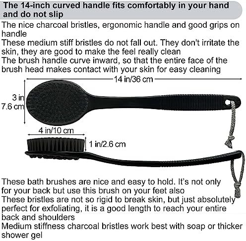 Back Bath Brush - Curved Long Handle Shower Brush with Medium Stiff Charcoal Bristles for Cleaning and Exfoliating Body, Back Scrubber for Men & Women (Black 2 Pack)