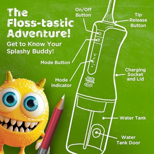GuruNanda Kids Water Dental Flosser - 4 Flossing Modes, 4 Nozzles, 2-Min Smart Timer, Ages 6+, Monster Frens Theme, Portable Oral Care for Kids