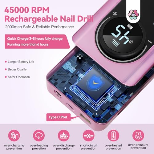 SAVILAND Electric Nail Drill Professional : 45000 RPM Pro Electric Nail File for Acrylic Nails Gel Polishing Removing, Portable Nail Drill for Manicure Pedicure, Nail Kit for Salon Nail Tech Must Have