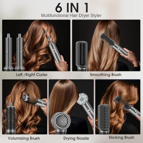 AOMEES Professional Hot Air Styler & Drying System, 6 in 1 Powerful Hair Dryer Brush • Styling Without Heat Damage, with Air Curler, Hair Dryer, Volumizer Brush, Hair Straightener Brush, Smooth Comb
