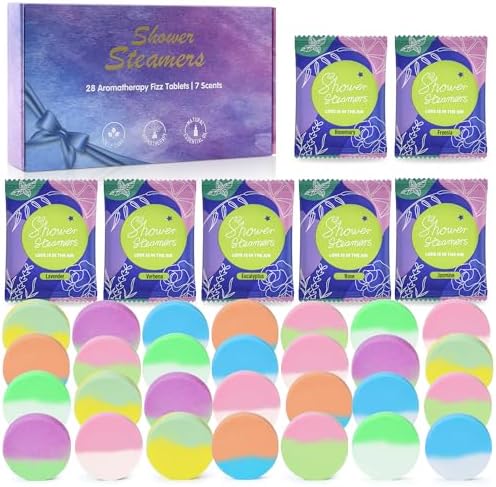 28 Pack Aromatherapy Shower Steamers, Individually Wrapped 7 Scents Bath Bombs,Natural Essential Oil Home SPA Self Care Stress Relief, Perfect Gifts for Her on Birthday Mother's Day Gift Set