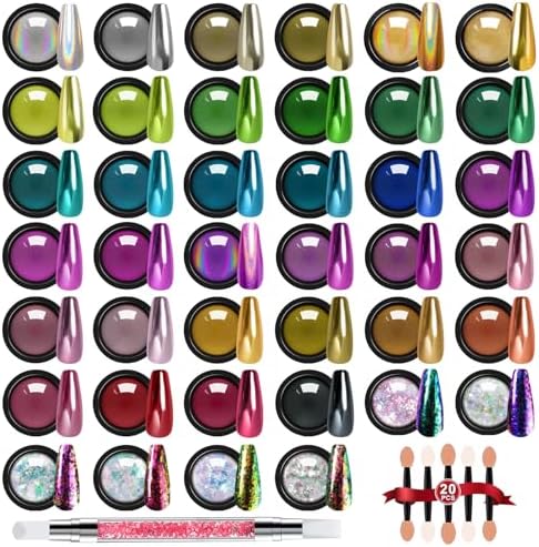Mirror Chrome Nail Powder Set, 40 Colors Unicorn Iridescent Holographic Chrome Powder, Metallic Gold Silver Red Blue Green Black Purple Brown Chrome Pigment Nail Art Glitter Chameleon Flakes Sequins