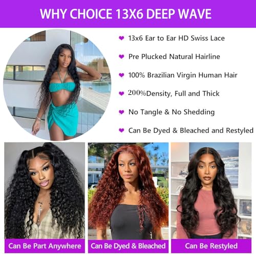30 Inch Deep Wave Lace Front Wigs Human Hair 13x6 HD Transparent Lace Front Wigs Pre Plucked Deep Curly Human Hair Wigs for Women Deep Wave Frontal Wig with Baby Hair Natural Color
