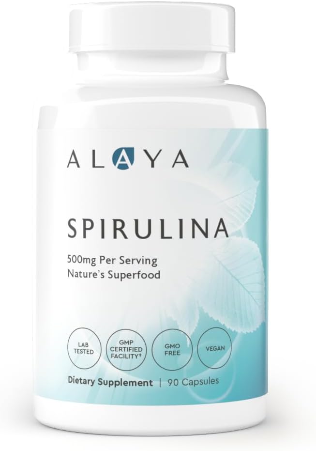 Alaya Naturals - Pure Spirulina Capsules - Made with Earthrise Spirulina, Blue Green Algae Superfood - Non-GMO & Vegan - 500 mg, 90 Capsules