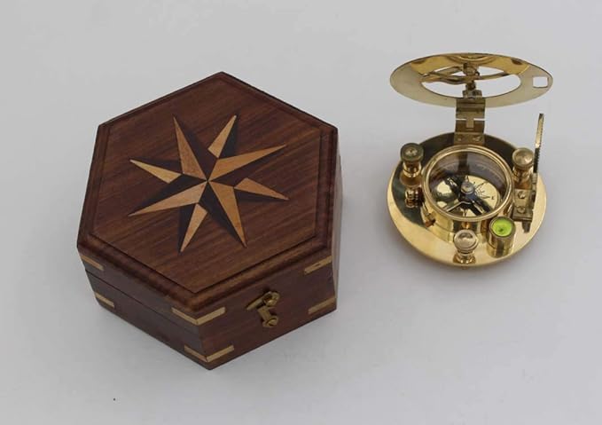 Antique Reproduction Hatton Garden Brass Sundial Compass with Compass Rose Inlaid Hardwood Case – Unique Gift for Someone Special – Great for Father’s Day, Boss, or Groomsmen Gift