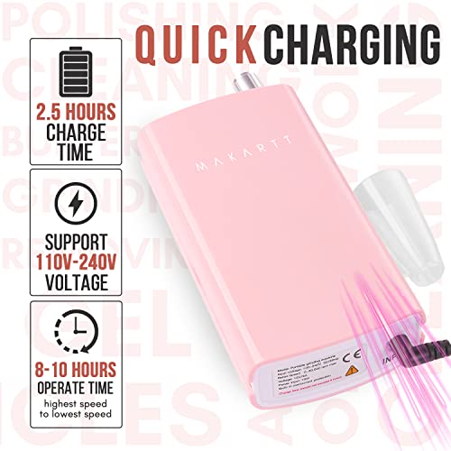 Makartt Nail Drill Professional, Rechargeable Nail E File 30000RPM Electric Nail Drill, Malory Pink Portable Gel Nail Remover Machine with Nail Drill Bits & Sanding Bands for Manicure Salon Home Use