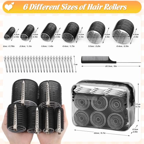 6 Size Hair Rollers for Women, 62 Pcs Rollers Hair Curlers for Long Medium Short Hair, Large Medium Small Self Grip Hair Rollers with 36 Rollers 24 Stainless steel Clips 1 Storage Bag