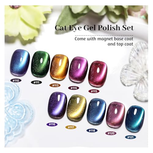JODSONE Cat Eye Gel Nail Polish 10 Colors (with Base Coat Top Coat Magnet Stick) Glazed Amber Cat Eye Gel for Home DIY