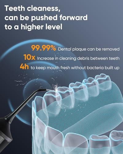 MySmile LP221 UVC Sterilizable Cordless Water Flossers for Teeth 335ML Portable OLED Display Dental Flosser with 4 Modes 8 Jet Tips and a Storage Pouch for Home and Travel (Midnight Black)