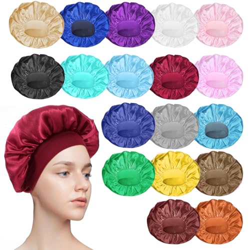 18 Pcs Satin Bonnets for Sleeping, Large Silk Bonnet Wide Band Hair Bonnet Soft Elastic Hair Wrap Cap Silky Shower Cap for Black Women Men Curly Hair