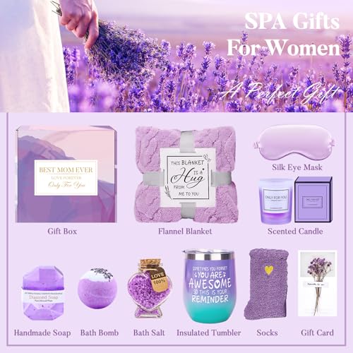 Birthday Gifts for Mom from Daughter Son, Relaxing Lavender Spa Basket Set for Women Luxury Self-Care Basket for Mama, Birthday Mothers Day Gifts for Women, Mom, Wife, Sister, Friend, Her