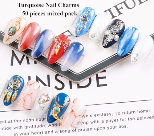 50 PCS Metal Turquoise Nail Charms - Western Cowboy Nail Art Decorations, 3D Nail Gems for DIY Manicure, Mixed Shapes Nail Accessories for Gel Acrylic Nails (Blue)