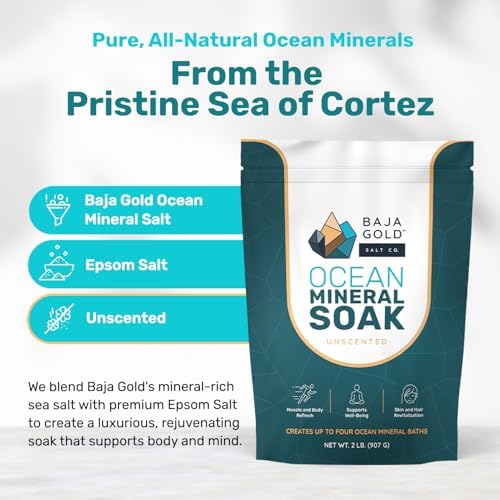 Baja Gold Ocean Mineral Soak- Organic Epsom Salt Bath Soak for Relaxation & Skin - Magnesium Flakes Bath Soak for Sleep & Muscles - Unscented, 2 Lb Resealable Bag