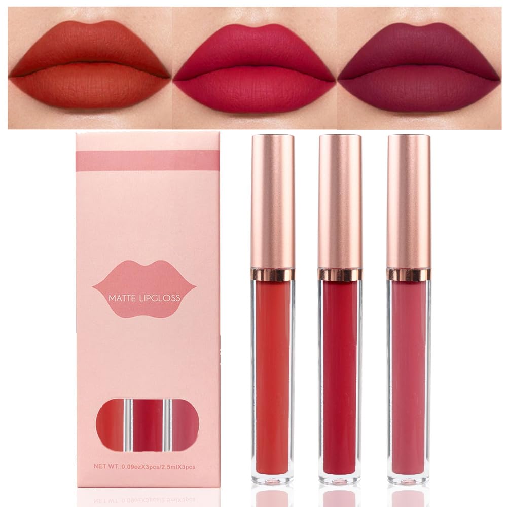 AMY'S DIARY Matte Plum Liquid Lipstick 3Pcs Sets,24-hour Lipstick Dark Deep Maroon Purple Brown Plum Red Lip Stain 24 Smudge Waterproof for Women (03#)