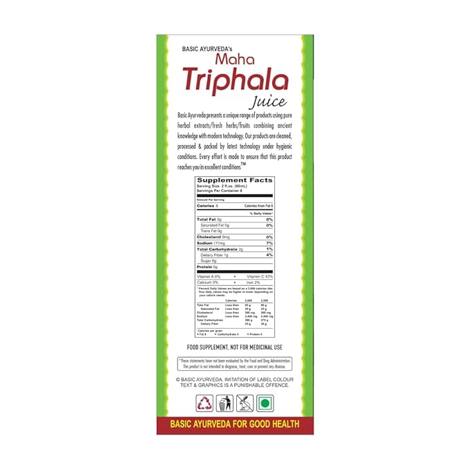 Basic Ayurveda Maha Triphala Juice with Aloe Vera & Mint | First Press Virgin Juice | Natural Herbal Beverage | Sugar Free | Pleasant Taste | 16.23 Fl Oz (480ml)