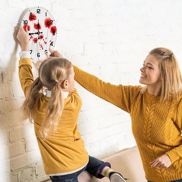 Geroclonup Home Decor Red Flower Wall Clock Hello Spring 25cm Round Wall Clocks Battery Operated Silent Shabby Chic Wall Decor Home Decor for Living Room Kitchen Bedroom Office