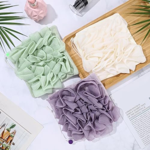6 Pcs Washcloth Loofah Combo, 2 in 1 Bath Loofah Sponge with Drawstring, Exfoliation Mesh Shower Puff Ball for Body Wash Cleansing and Smooth Skin(Multicolor)