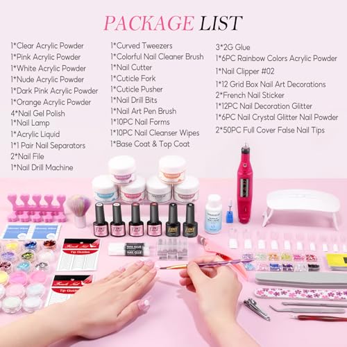 Acrylic Nail Kit for Beginners with Drill and U V Light 6 Colors Acrylic Powder Clear Nude Pink 4PC Gel Polish 24PC Glitter Powders Rhinstones Nails Kit Acrylic Set Gifts for Women