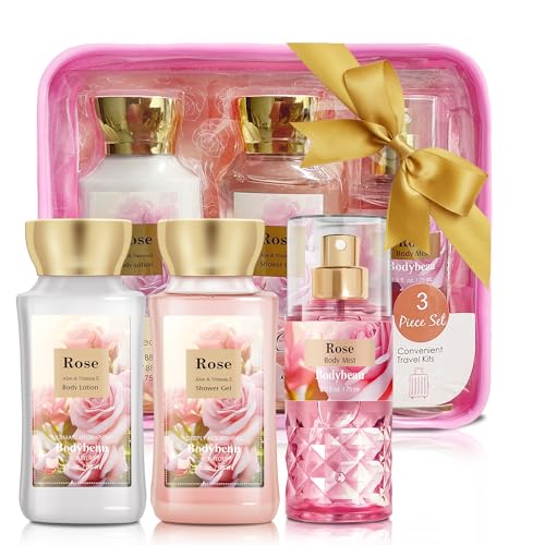 Bath and Body Gift Set for Women & Girls, Rose 3PCS Set for - Shower Gel, Body Lotion, Body Mist, Personal Portable Body Care Travel Set, Home Spa Set for Birthday Mother's Day Gifts for Her