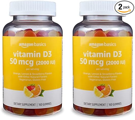 Amazon Basics Vitamin D3 2000 IU Gummies, Orange, Lemon & Strawberry, 160 Count (2 per Serving) (Previously Solimo) (Pack of 2)