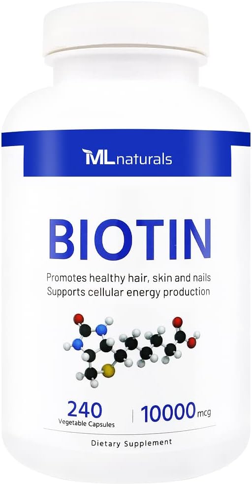 Biotin 10000 mcg 240 Vegetable Capsules. Supports Healthy Hair, Skin, Nails, and Energy Production.