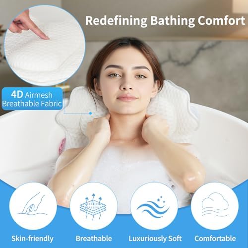 Full Body Bath Pillow for Bathtub, Spa Tub Cushion with 10 Suction Cups - 4D Air Mesh Quick-Dry Bathtub Pillow for Head, Neck & Back Support - Includes Laundry Bag