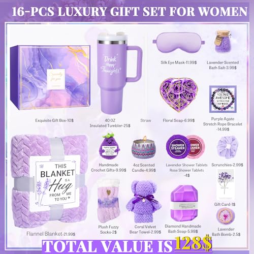 Birthday Gifts for Women Self Care Gifts Get Well Soon Gifts, Lavender Relaxing Spa Gifts Basket Care Package w/ Flannel Blanket 40 oz Tumbler, Unique Mothers Day Gifts for Mom Her Friend Sister Wife