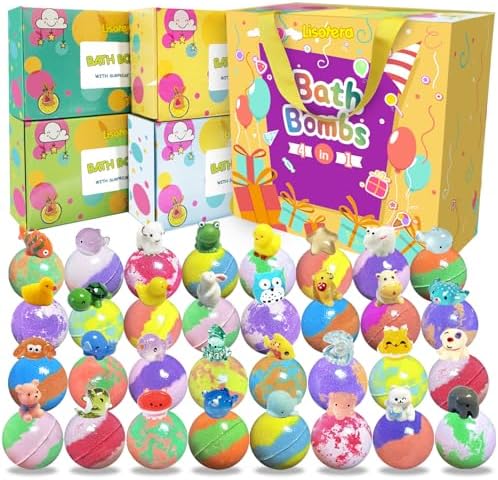 Bath Bombs for Kids with Surprise Inside, 32 Pack Bath Bombs with Land & Sea Animal Toys, Handmade Fizzy Bubble Children Bath Ball Gift Set for Kids Birthday, Christmas, Mothers Day Gifts for Daughter